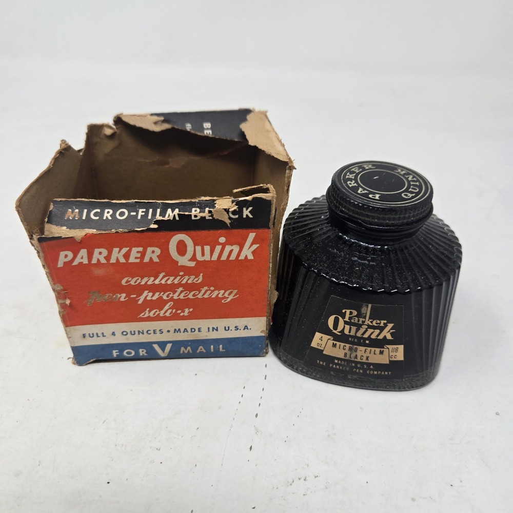 Vintage Parker Quink Micro-Film Black Ink Bottle 4oz with Box Solv-X V-Mail USA